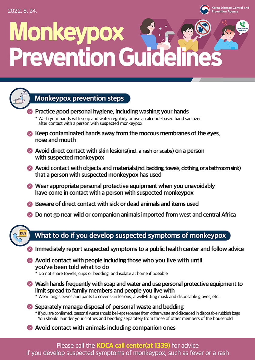 [KDCA 2022.8.24.] Monkeypox Prevention Guidelines. ● Monkeypox prevention steps. (1) Practice good personal hygiene, including washing your hands. Wash your hands with soap and water regularly or use an alcohol-based hand sanitizer after contact with a person with suspected monkeypox. (2) Keep contaminated hands away from the mocous membranes of the eyes, nose and mouth. (3) Avoid direct contact with skin lesions (incl. a rash or scabs) on a person with suspected monkeypox. (4) Avoid contact with objects and materials (incl. bedding, towels, clothing, or a bathroom sink) that a person with suspected monkeypox has used. (5) Wear appropriate personal protective equipment when you unavoidably have come in contact with a person with suspected monkeypox. (6) Beware of direct contact with sick or dead animals and items used. (7) Do not go near wild or companion animals imported from west and central Africa. ● What to do if you develop suspected symptoms of monkeypox. (1) Immediately report suspected symptoms to a public health center and follow advice. (2) Avoid contact with people including those who you live with until you've been told what to do. Do not share towels, cups or bedding, and isolate at home if possible. (3) Wash hands frequently with soap and water and use personal protective equipment to limit spread to family members and people you live with. Wear long sleeves and pants to cover skin lesions, a well-fitting mask and disposable gloves, etc. (4) Separately manage disposal of personal waste and bedding. If you are confirmed, personal waste should be kept separate from other waste and discarded in disposable rubbish bags. You should launder your clothes and bedding separately from those of other members of the household. (5) Avoid contact with animals including companion ones. ● Please call the KDCA call center (at 1339) for advice if you develop suspected symptoms of monkeypox, such as fever or a rash.
